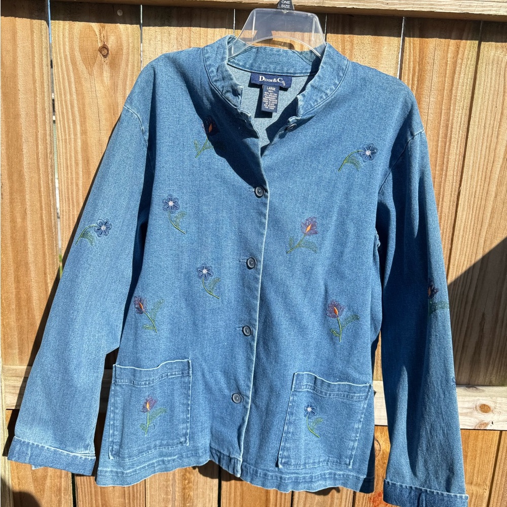 Denim&Co Blue Jean Jacket with Floral Details